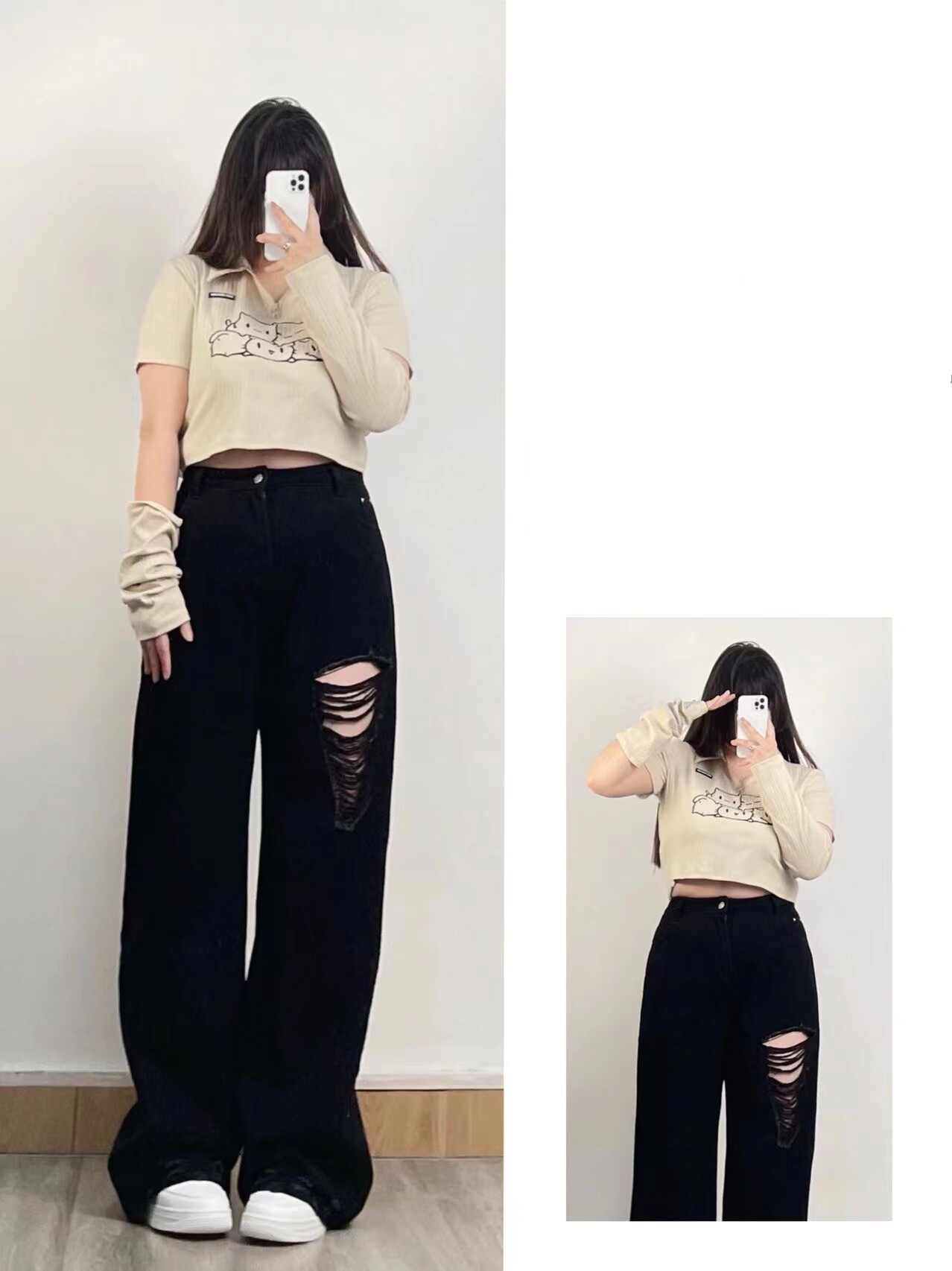 300 CATTIES EXTRA LARGE SIZE WOMENS JEANS WOMENS ELASTIC WAIST LOOSE FAT MM DESIGN SENSE HOLE STRAIGHT WIDE LEG PANTS