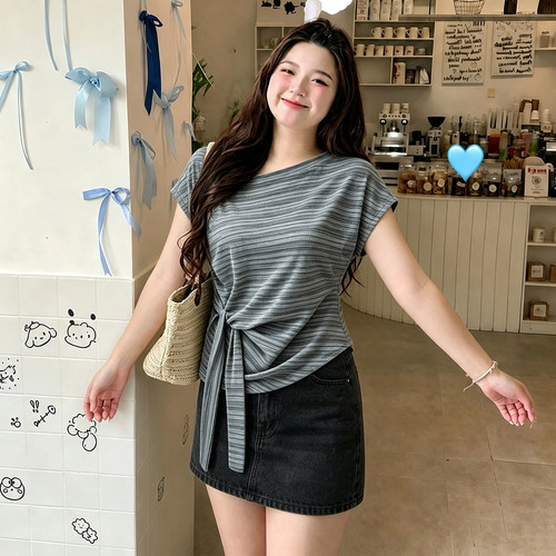 大码胖mm修身减龄漂亮系带上衣女