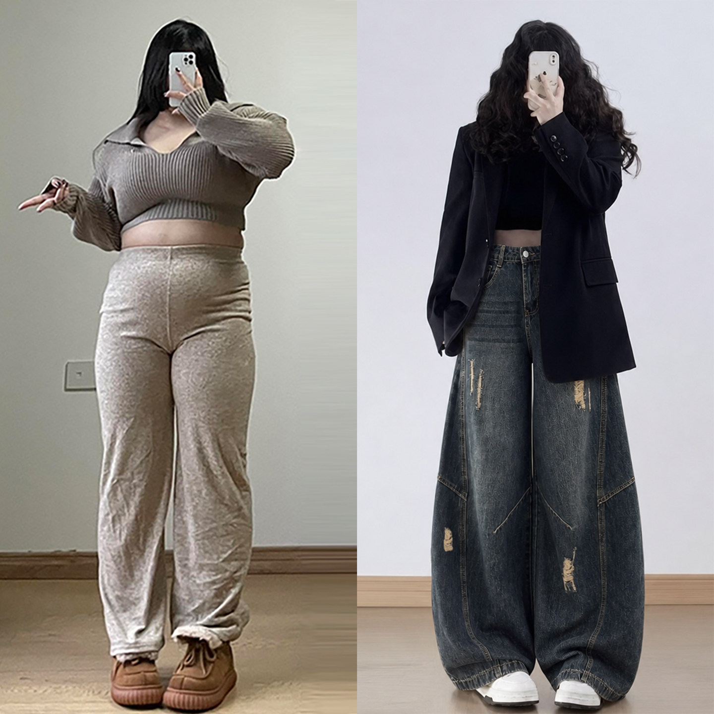 胖mm特大码女装美式高街破洞弯刀牛仔裤女梨型身材巨遮胯阔腿裤子