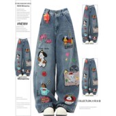 女装 宽松bf慵懒风阔腿裤 美式 女胖mm新款 子 复古小狗刺绣牛仔裤 大码