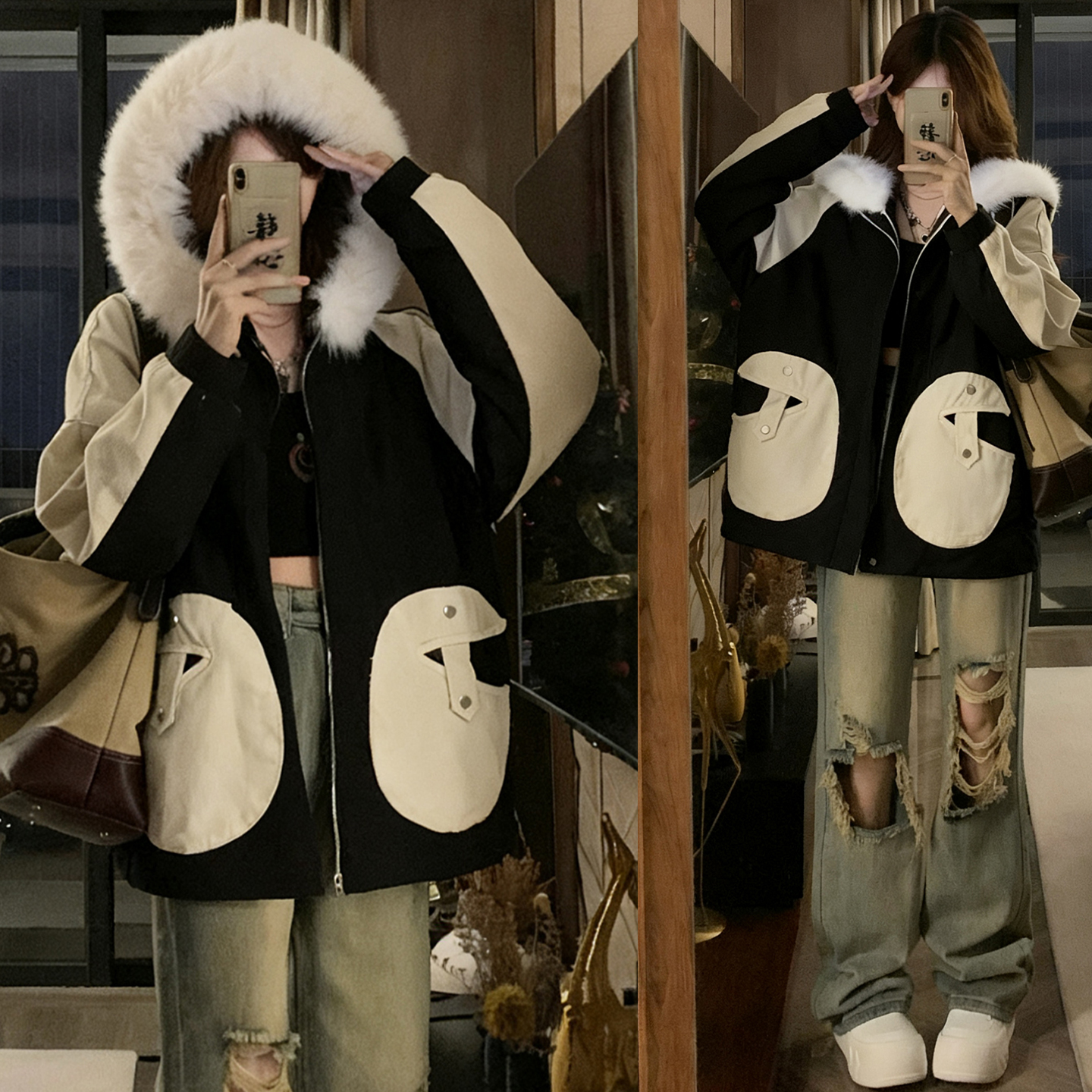 300斤特大码加绒加厚拼色棉衣女