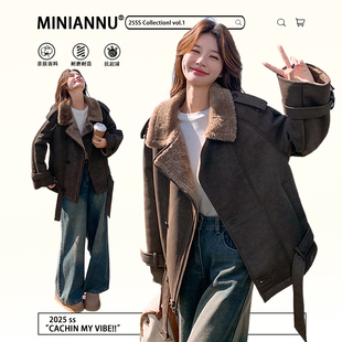 大码 美拉德穿搭翻领加厚羊羔毛外套女胖mm复古学院风保暖棉服 女装