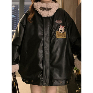 加厚羊羔绒黑色皮衣外套女冬季 胖mm美式 加厚夹棉棉衣棉服 女装 大码