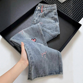 300斤大码 子 女胖mm韩系学生阔腿裤 女装 重工设计感卡通刺绣牛仔裤