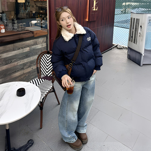 特大码 羊羔毛拼接翻领上衣 胖mm简约慵懒风蓝色棉服外套女秋冬新款