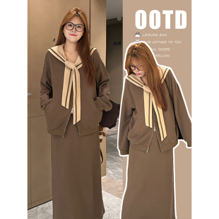 减龄开衫 胖mm棕色翻领卫衣女早春穿搭时尚 外套上衣 女装 300斤大码