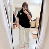 胖mm美式 裤 高街工装 300斤特大码 牛仔裤 女新款 子显瘦学生阔腿长裤