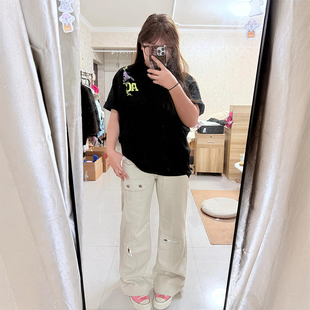 牛仔裤 高街工装 女新款 裤 300斤特大码 子显瘦学生阔腿长裤 胖mm美式