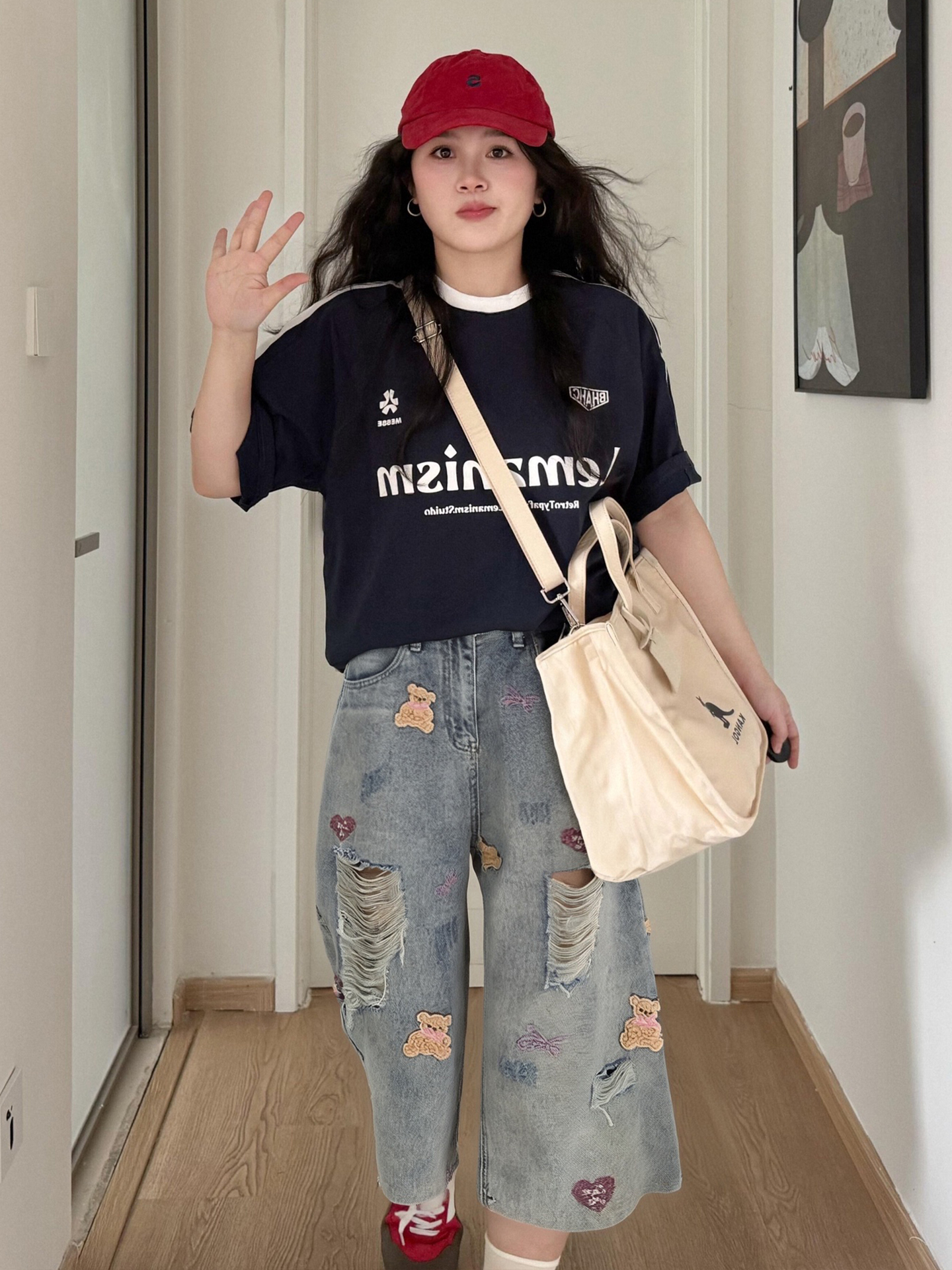 Plus Size Large Size Retro Bear Embroidered Ripped Denim Shorts for Women Summer Ripped Loose Slimming Look Wide Leg Cropped Pants