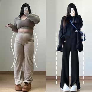 裤 黑色微喇西装 女秋季 新款 大码 胖mm高街辣妹风开叉设计休闲裤 女装