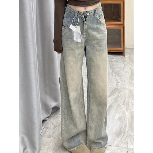特大码美式复古毛边阔腿牛仔裤女