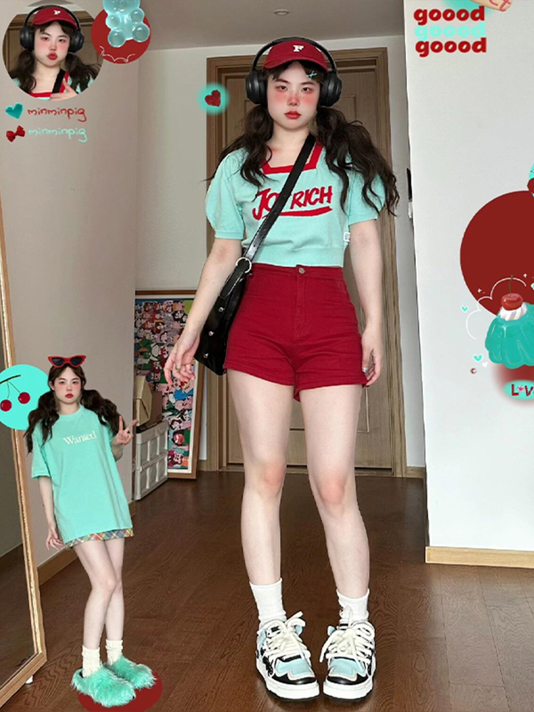 Extra Large Size Women's High Street Vibe Sexy Red Denim Shorts for Fat mm Pear-Shaped Slimming Look and Flesh-Covering A-Line Hot Pants