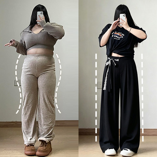 大码胖mm设计感蕾丝拼接阔腿裤女
