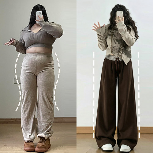 大码胖mm美拉德早秋高腰阔腿裤女