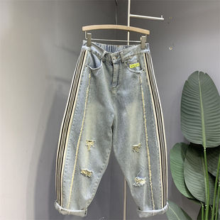 女梨形身材显瘦老爹九分哈伦裤 条纹拼接破洞牛仔裤 女装 胖mm特大码