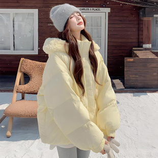 新款 简约慵懒风连帽棉服女冬季 黄色甜美风面包服外套 女装 胖mm大码