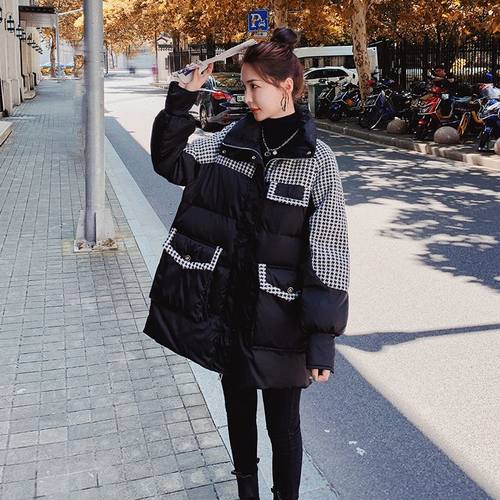 胖mm大码女装千鸟格冬季棉服外套