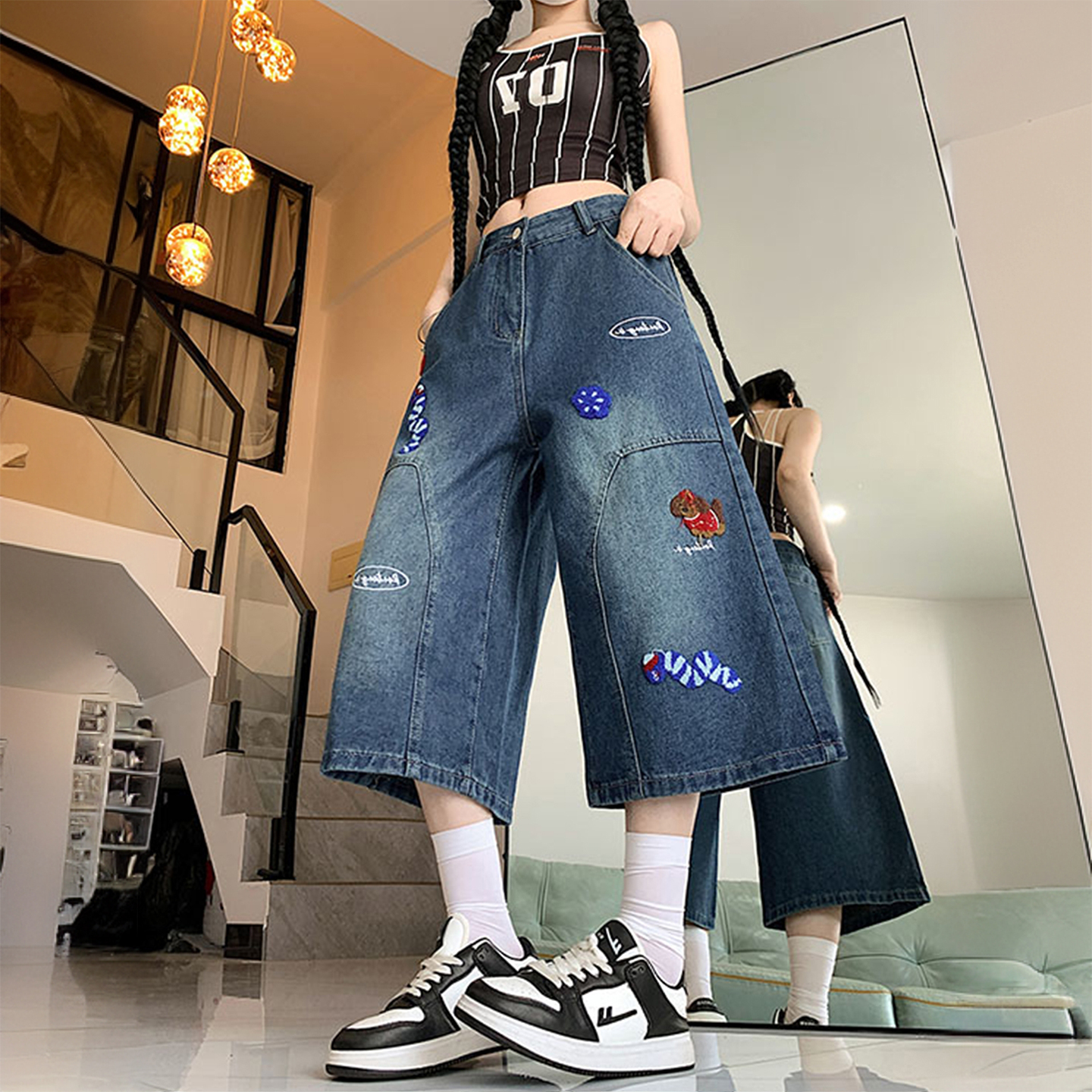 大码女装卡通刺绣小众百搭裤子女