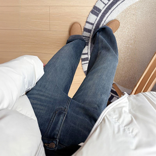 女高腰直筒宽松设计感保暖长裤 胖mm大码 复古加绒牛仔裤 韩版 子 女装