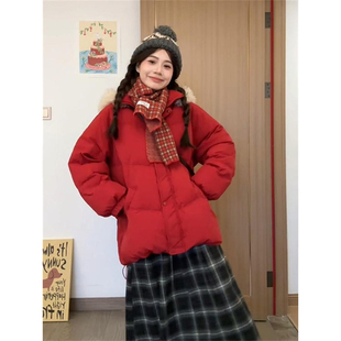 大码 胖mm大毛领棉服女韩系圣诞红连帽加厚面包服学生保暖外套 女装
