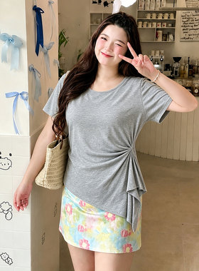胖mm特大码女装灰色不规则短袖T恤女韩系百搭高智感穿搭掐腰上衣