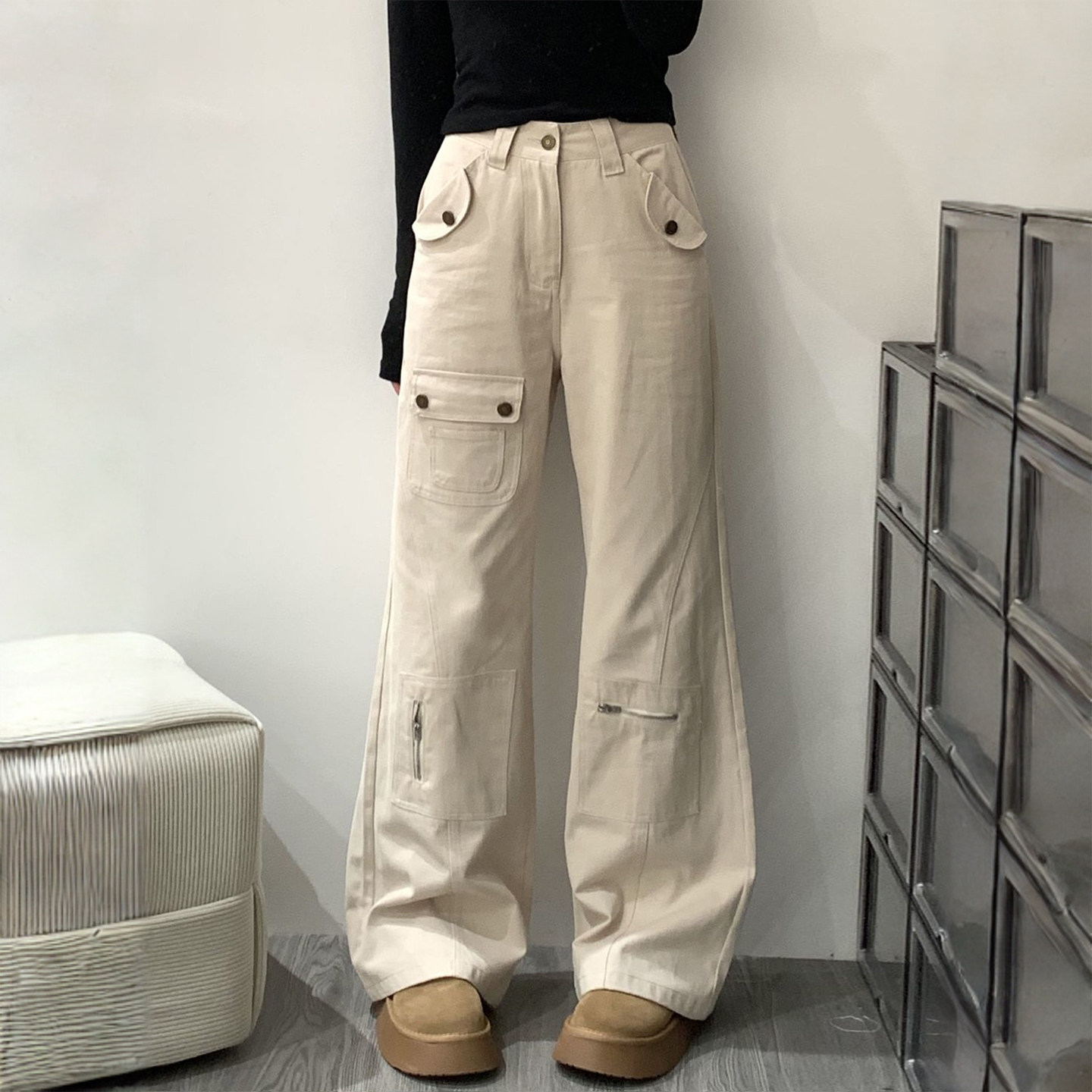 300斤胖mm大码学生微喇牛仔裤女美式多口袋街头风设计感阔腿裤子,女装/女士精品,大码裤装,淘宝优惠券,粉丝福利购,淘宝优惠卷