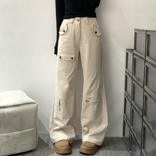 多口袋街头风设计感阔腿裤 女美式 子 学生微喇牛仔裤 300斤胖mm大码