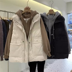 设计感宽松百搭棉服潮 拼接假俩件连帽外套女秋冬新款 胖mm大码 女装