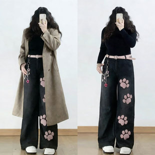女装 韩系chic感裤 黑色猫爪刺绣牛仔裤 阔腿裤 子 女2026新款 胖mm大码