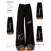 女学院风简约加绒加厚运动裤 可爱卡通印花阔腿卫裤 子 女装 胖mm大码