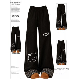 女学院风简约加绒加厚运动裤 可爱卡通印花阔腿卫裤 子 女装 胖mm大码