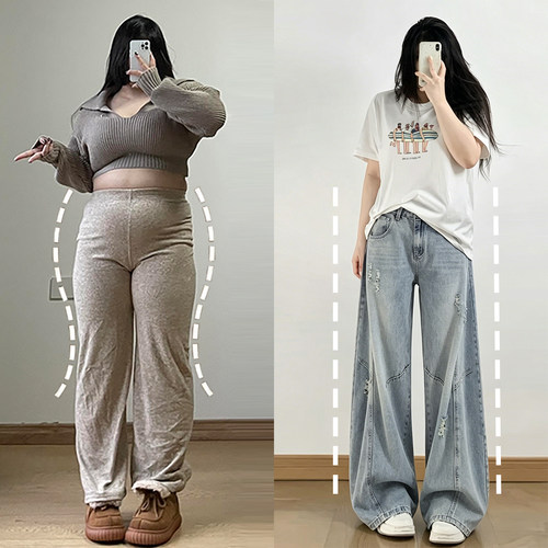 300斤胖mm大码水洗蓝色弯刀裤女