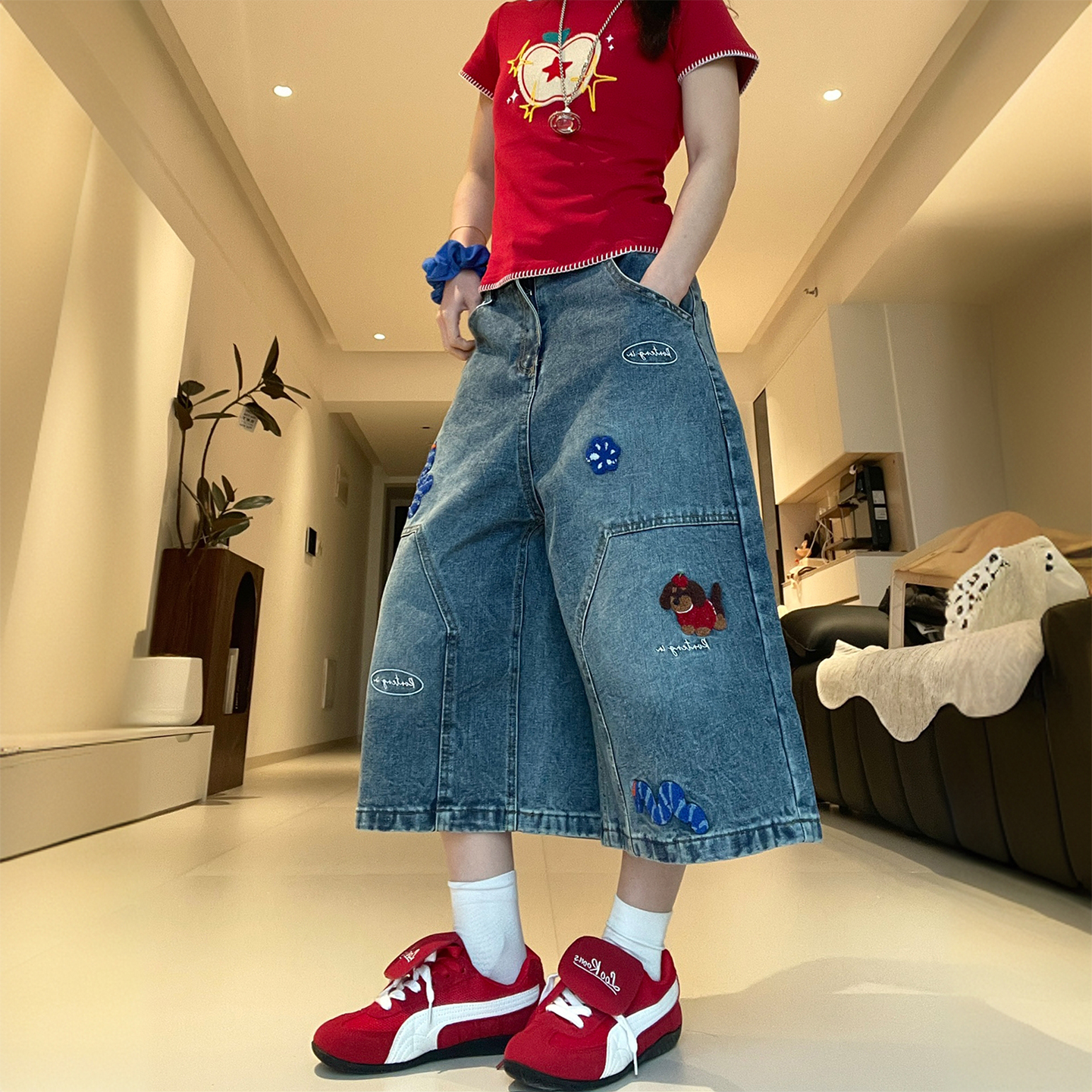 300斤大码美式街头风学生中裤子