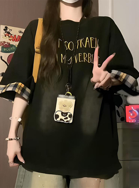 300斤大码美式格子拼接黑色学生短袖t恤女胖mm遮肚子显瘦半袖上衣