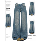 女装 复古甜酷风带钻牛仔裤 女胖mm韩版 300斤特大码 ins百搭阔腿裤 子