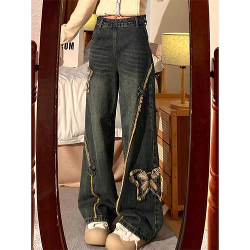大码女装复古宽松个性刺绣牛仔裤