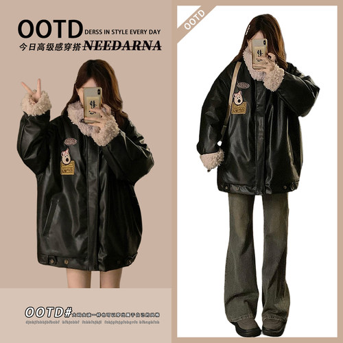 大码女装美式学院风羊羔毛棉袄女