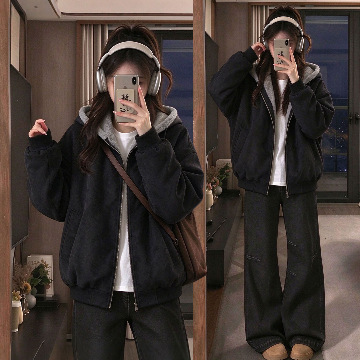 大码女装学院风百搭美式黑色毛绒棉服女胖mm时尚休闲连帽棉衣外套