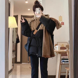 加厚面包服外套女 韩版 300斤大码 胖mm复古拼接羽绒棉服女2025新款