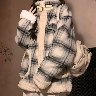 ins格纹羊羔毛加厚棉服女胖mm时尚 韩版 宽松显瘦棉衣外套 女装 大码