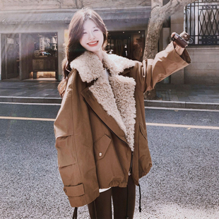 棉服 胖mm美拉德加厚保暖羊羔毛外套女韩系设计感加绒工装 大码 女装