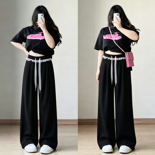 胖mm特大码女装简约撞色休闲裤女