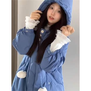 胖mm大码女装蓝色中长款连帽棉服女冬季新款减龄学生加厚棉衣外套