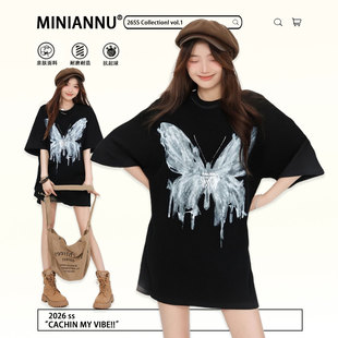 绝美巨好看 大码 t恤女2026新款 胖mm黑色蝴蝶印花短袖 小上衣 女装