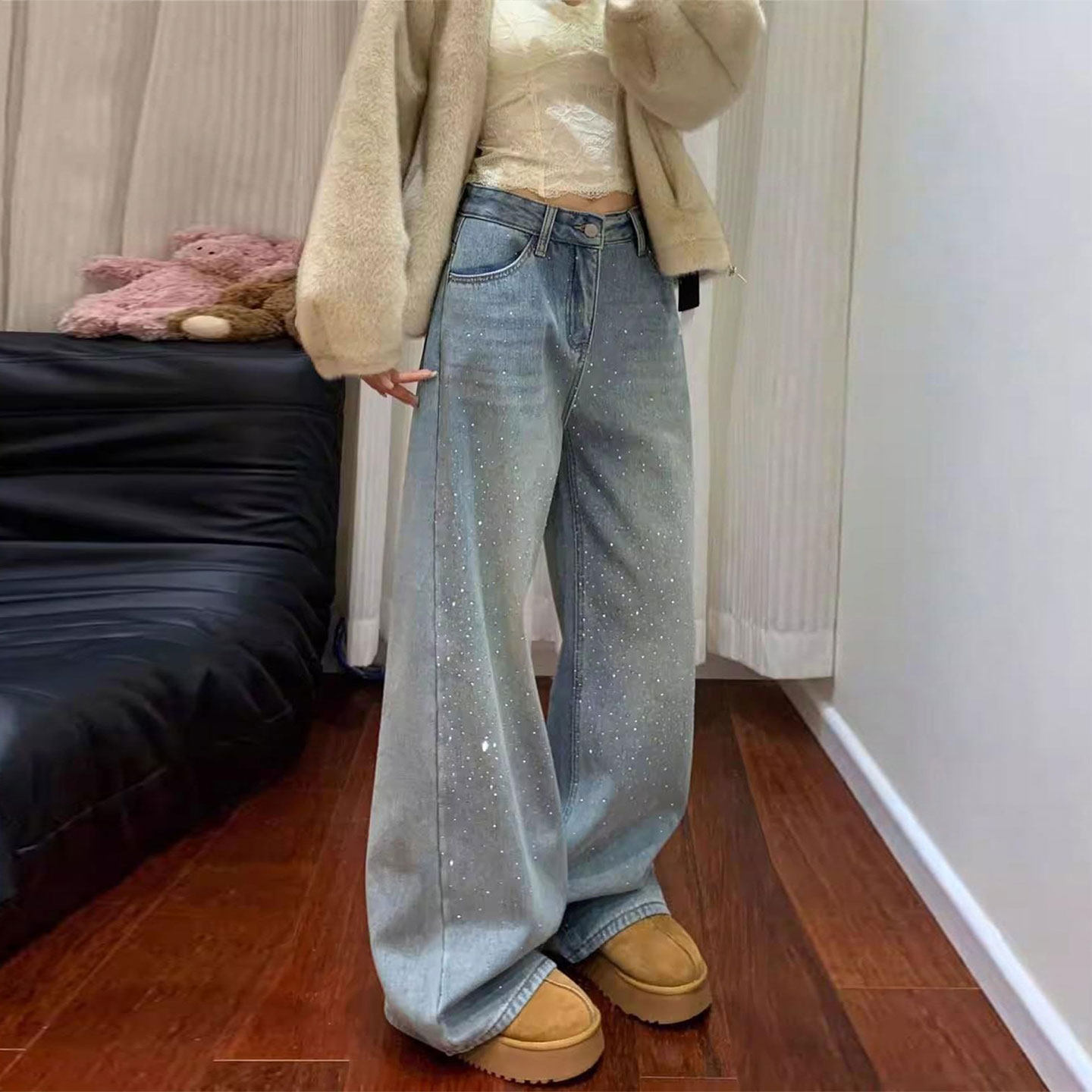 特大码胖mm蓝色满天星烫钻牛仔裤女春季显瘦裤子韩系慵懒风直筒裤,女装/女士精品,大码裤装,淘宝优惠券,粉丝福利购,淘宝优惠卷