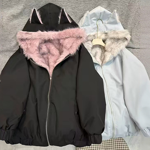 特大码 黑色双面穿加绒棉服女胖mm加厚连帽宽松高级感设计外套 女装