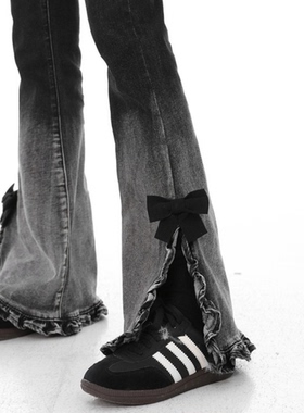 300斤大码女装秋季新款微喇长裤胖mm黑色渐变弹力蝴蝶结牛仔裤子