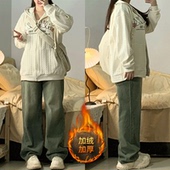 胖mm美式 绿色阔腿裤 高街直筒加绒牛仔裤 新款 特大码 子个性 女秋季 裤