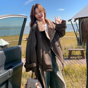 复古咖色保暖厚棉服女胖mm高级感立领毛绒外套 美式 300斤大码 女装