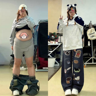 裤 阔腿宽松显瘦巨好看百搭 子女 胖mm复古蓝卡通刺绣牛仔裤 特大码